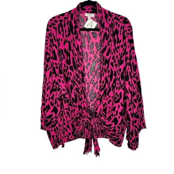 Umgee Oversized Boho Fringe Fuchsia Animal Print Tie Waist Wrap - Picture 1 of 11